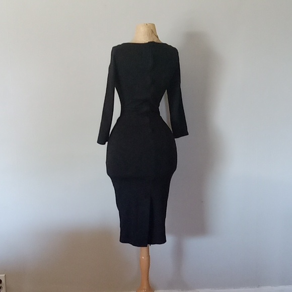 Pinup couture long sleeved black knee lengthwiggle dress V mesh front size S - Picture 7 of 7